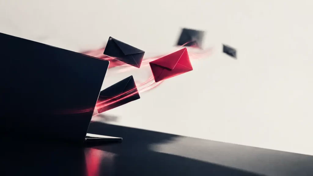 Copertina editoriale sul tema dell’email marketing: un dispositivo scuro da cui si propagano buste scure e rosso lampone, illuminate da scie dinamiche su uno sfondo chiaro minimale. L’immagine rappresenta l’invio organizzato delle email e l’automazione della comunicazione digitale.