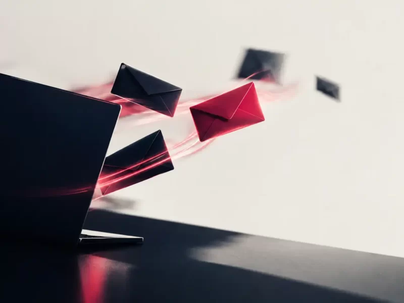 Copertina editoriale sul tema dell’email marketing: un dispositivo scuro da cui si propagano buste scure e rosso lampone, illuminate da scie dinamiche su uno sfondo chiaro minimale. L’immagine rappresenta l’invio organizzato delle email e l’automazione della comunicazione digitale.