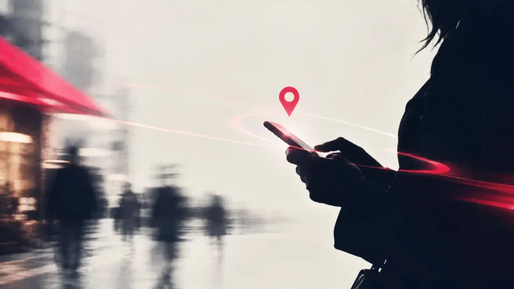 Donna in controluce con lo smartphone in mano e un’icona di geolocalizzazione rossa, per rappresentare come aumentare le vendite di un’attività locale