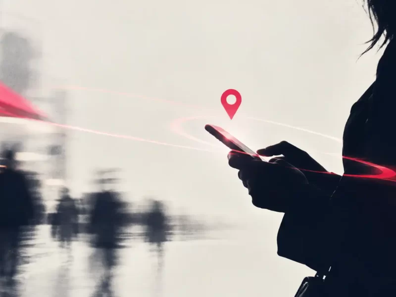 Donna in controluce con lo smartphone in mano e un’icona di geolocalizzazione rossa, per rappresentare come aumentare le vendite di un’attività locale