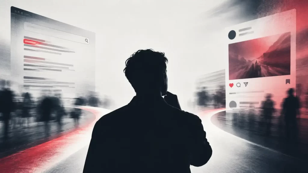 Uomo in controluce tra un pannello con risultati di ricerca e un post social, per rappresentare la scelta tra Google Ads e Facebook Ads