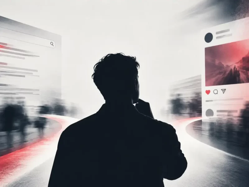 Uomo in controluce tra un pannello con risultati di ricerca e un post social, per rappresentare la scelta tra Google Ads e Facebook Ads