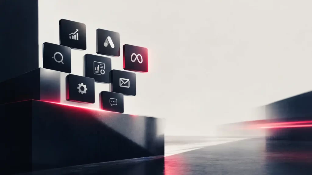 Cubi 3D con le icone di strumenti di digital marketing (analytics, ricerca, email, social e advertising) su uno sfondo scuro con luci rosse