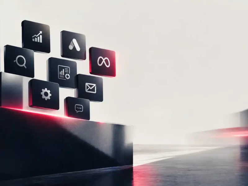 Cubi 3D con le icone di strumenti di digital marketing (analytics, ricerca, email, social e advertising) su uno sfondo scuro con luci rosse