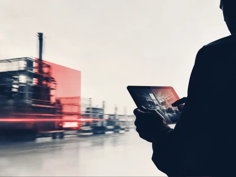 Uomo in controluce che guarda dati su un tablet davanti a uno stabilimento industriale, per rappresentare il marketing digitale per le aziende manifatturiere