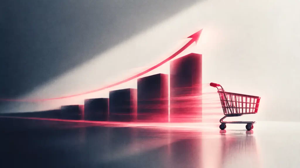Carrello della spesa davanti a un grafico a barre in crescita con una freccia rossa verso l’alto, per rappresentare la crescita di un e-commerce