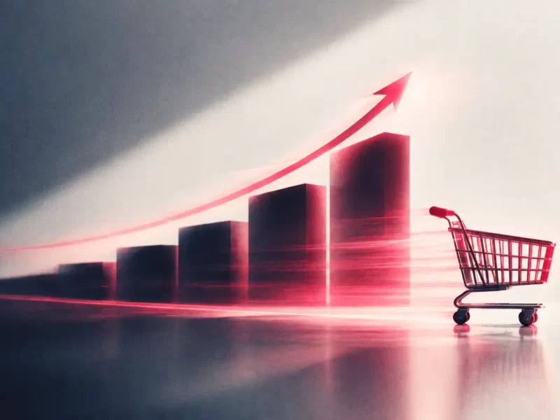 Carrello della spesa davanti a un grafico a barre in crescita con una freccia rossa verso l’alto, per rappresentare la crescita di un e-commerce