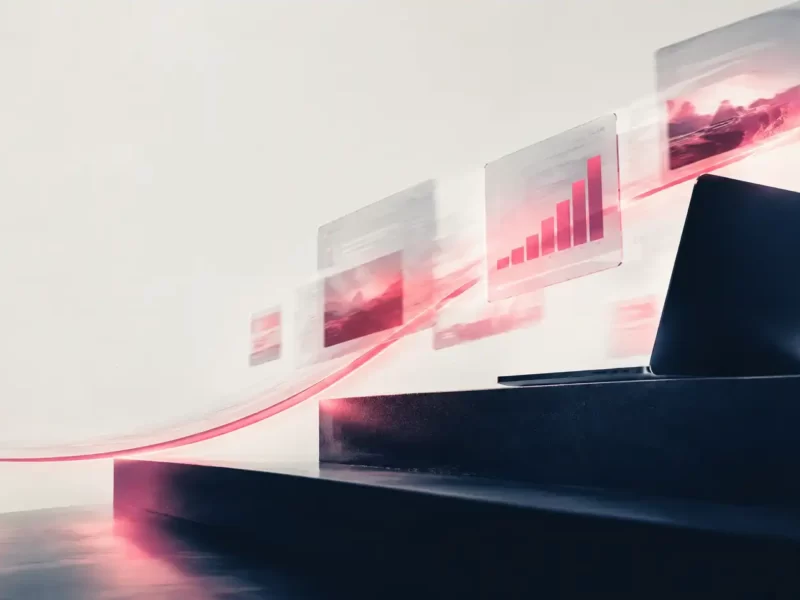 Laptop su una scrivania scura da cui escono pannelli con contenuti e grafici in crescita, per rappresentare una strategia di content marketing per il traffico organico