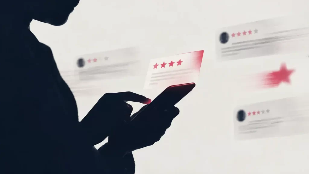 Persona in controluce che usa lo smartphone circondata da schede di recensioni con le stelle, per rappresentare la gestione delle recensioni online