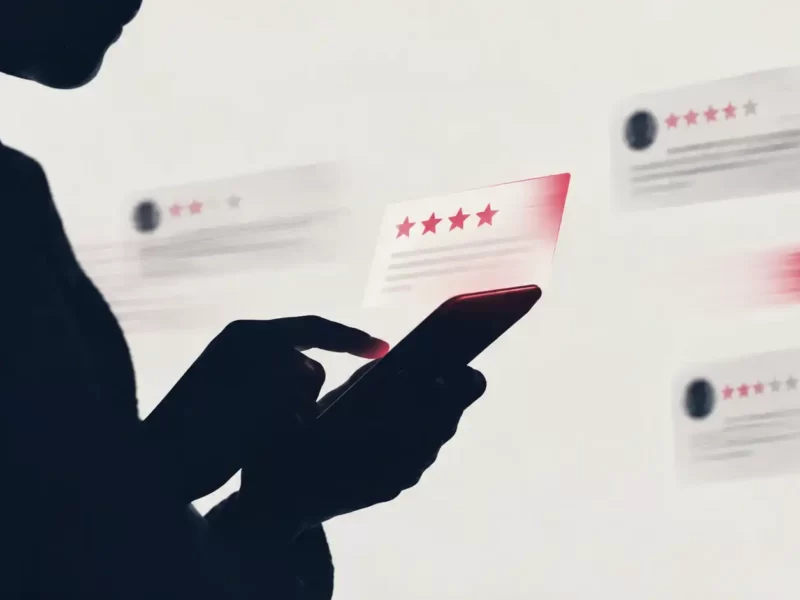 Persona in controluce che usa lo smartphone circondata da schede di recensioni con le stelle, per rappresentare la gestione delle recensioni online