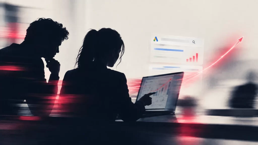 Due persone in controluce che analizzano al laptop i risultati di una campagna Google Ads, con un grafico in crescita sullo sfondo