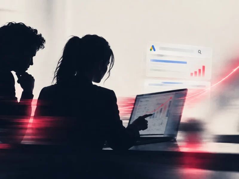 Due persone in controluce che analizzano al laptop i risultati di una campagna Google Ads, con un grafico in crescita sullo sfondo