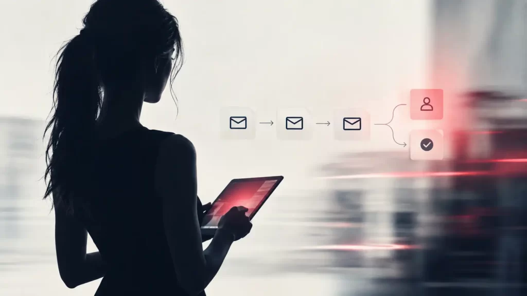 Donna in controluce con un tablet in mano e lo schema di un flusso di email automatiche, per rappresentare la marketing automation