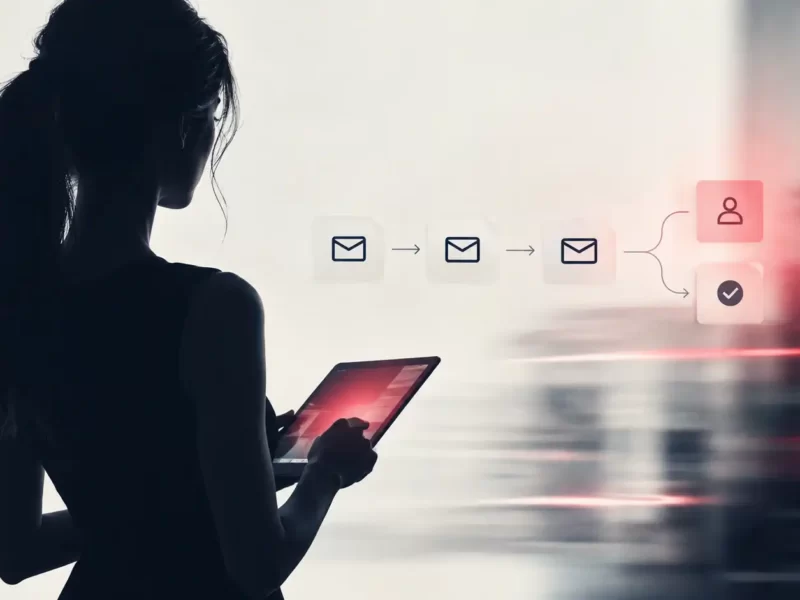Donna in controluce con un tablet in mano e lo schema di un flusso di email automatiche, per rappresentare la marketing automation