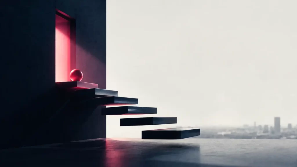 Scala sospesa di gradini scuri che sale verso una porta illuminata di rosso, con una sfera rossa sulla soglia e una città nella nebbia sullo sfondo