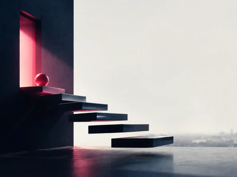 Scala sospesa di gradini scuri che sale verso una porta illuminata di rosso, con una sfera rossa sulla soglia e una città nella nebbia sullo sfondo