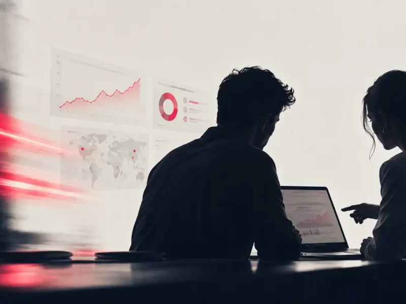 Uomo e donna in controluce che analizzano al laptop i report di Google Analytics 4, con grafici e dati sullo sfondo