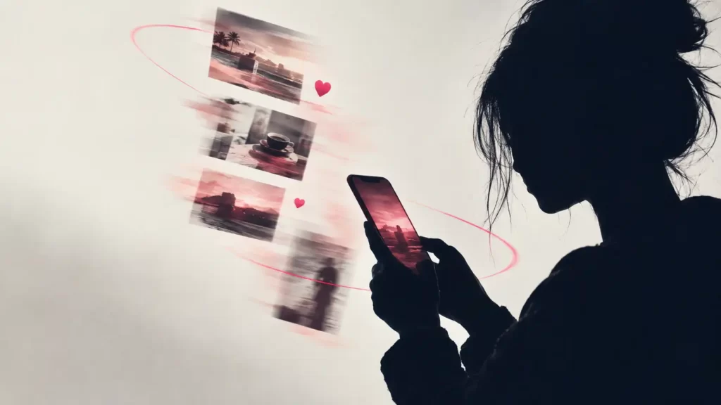 Donna in controluce che scorre lo smartphone mentre foto e cuori fluttuano intorno a lei, per rappresentare l’influencer marketing