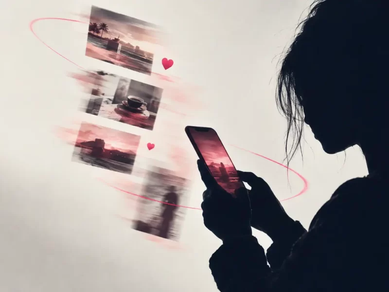 Donna in controluce che scorre lo smartphone mentre foto e cuori fluttuano intorno a lei, per rappresentare l’influencer marketing