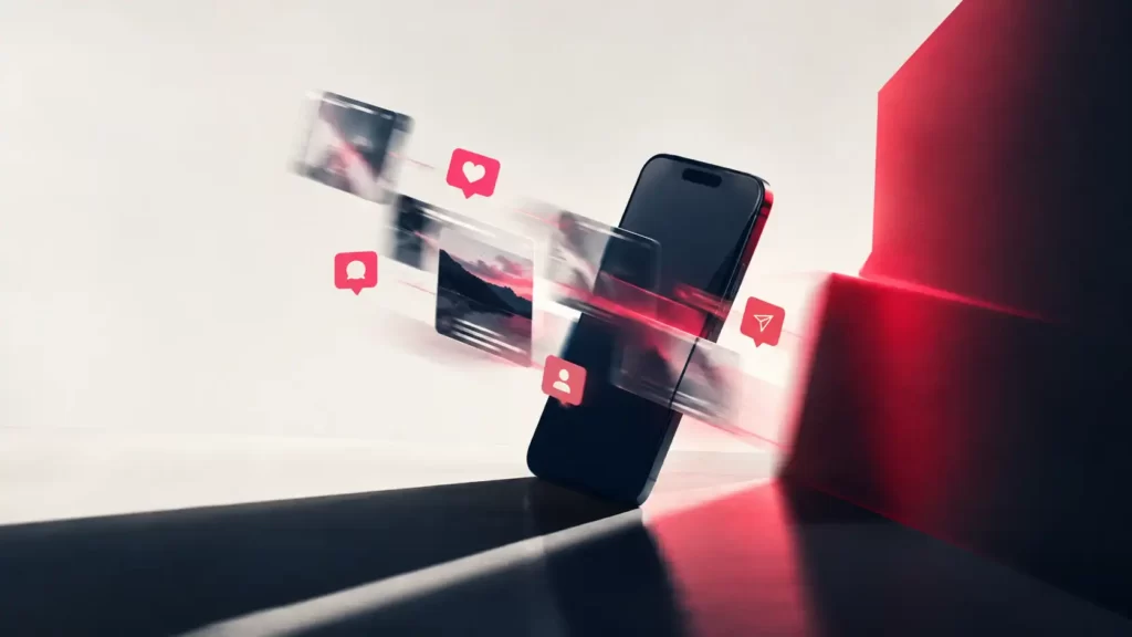 Smartphone da cui escono post, like, commenti e notifiche, per rappresentare il social media marketing organico e a pagamento