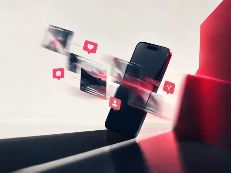 Smartphone da cui escono post, like, commenti e notifiche, per rappresentare il social media marketing organico e a pagamento