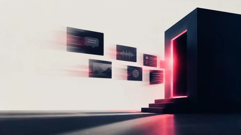 Contenuti digitali che fluttuano verso una porta scura illuminata di rosso, per rappresentare il dark funnel B2B che il CRM non riesce a tracciare