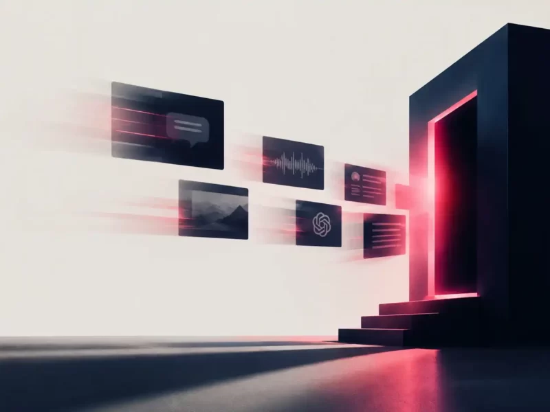 Contenuti digitali che fluttuano verso una porta scura illuminata di rosso, per rappresentare il dark funnel B2B che il CRM non riesce a tracciare