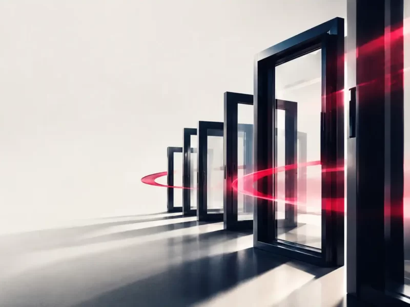 Fila di infissi con telaio scuro attraversata da una scia luminosa rossa, per rappresentare il marketing per aziende di serramenti