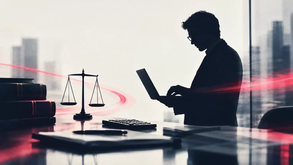 Professionista in controluce che lavora al laptop in uno studio con una bilancia della giustizia e dei libri sulla scrivania, per rappresentare il marketing digitale per studi professionali