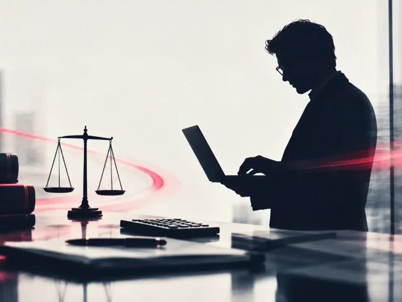 Professionista in controluce che lavora al laptop in uno studio con una bilancia della giustizia e dei libri sulla scrivania, per rappresentare il marketing digitale per studi professionali