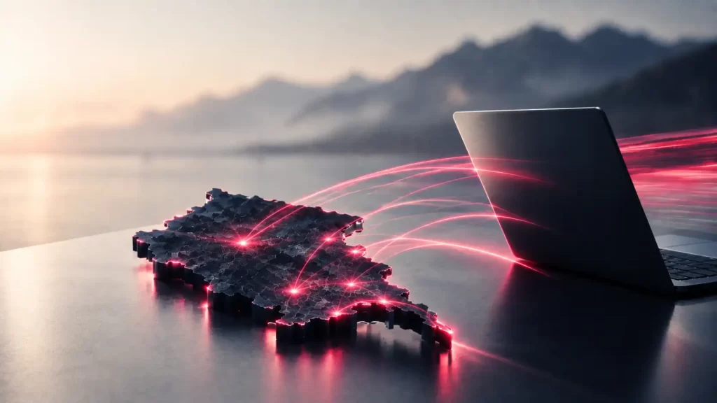 Mappa in rilievo del Friuli-Venezia Giulia collegata a un laptop da linee luminose rosse, per rappresentare il web marketing per le PMI della regione