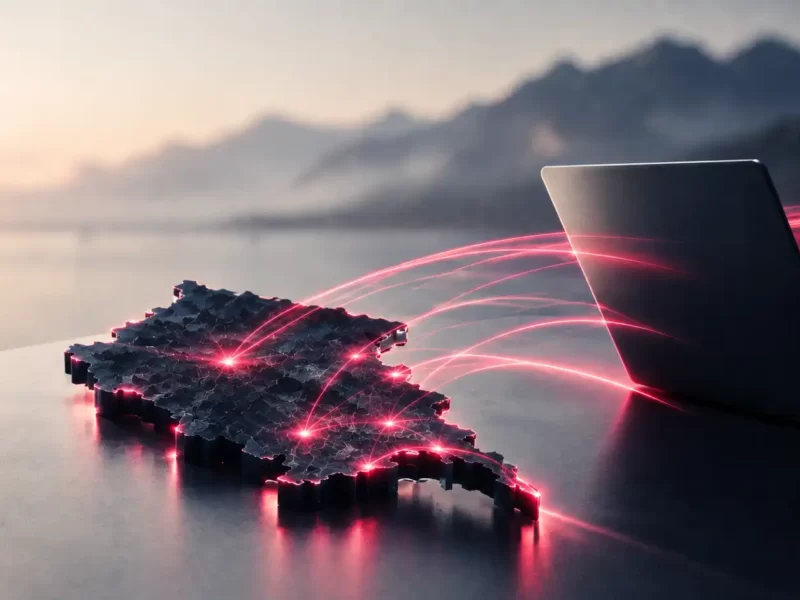 Mappa in rilievo del Friuli-Venezia Giulia collegata a un laptop da linee luminose rosse, per rappresentare il web marketing per le PMI della regione