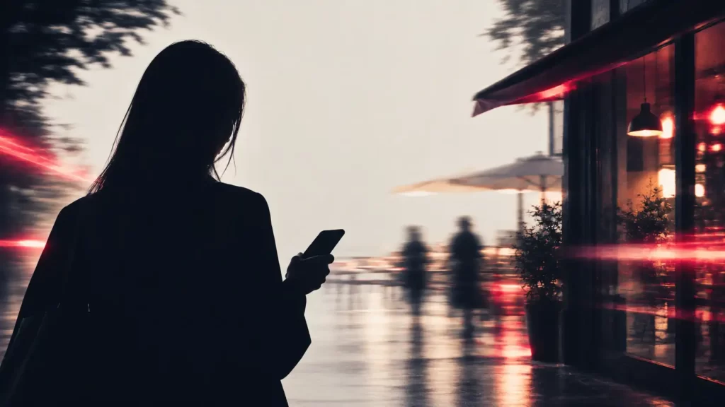 Donna in controluce con lo smartphone in mano davanti a una via con negozi e ristoranti illuminati, per rappresentare Google Ads per le attività locali
