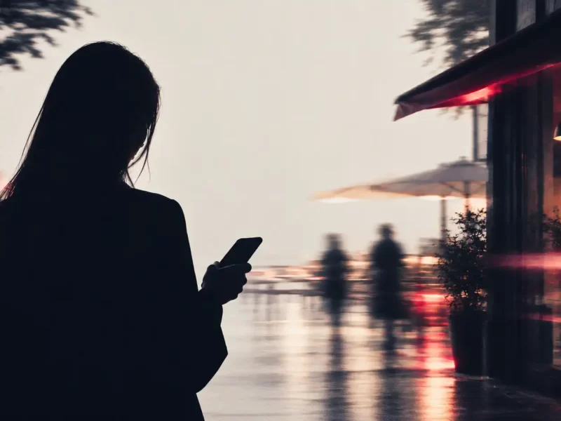 Donna in controluce con lo smartphone in mano davanti a una via con negozi e ristoranti illuminati, per rappresentare Google Ads per le attività locali