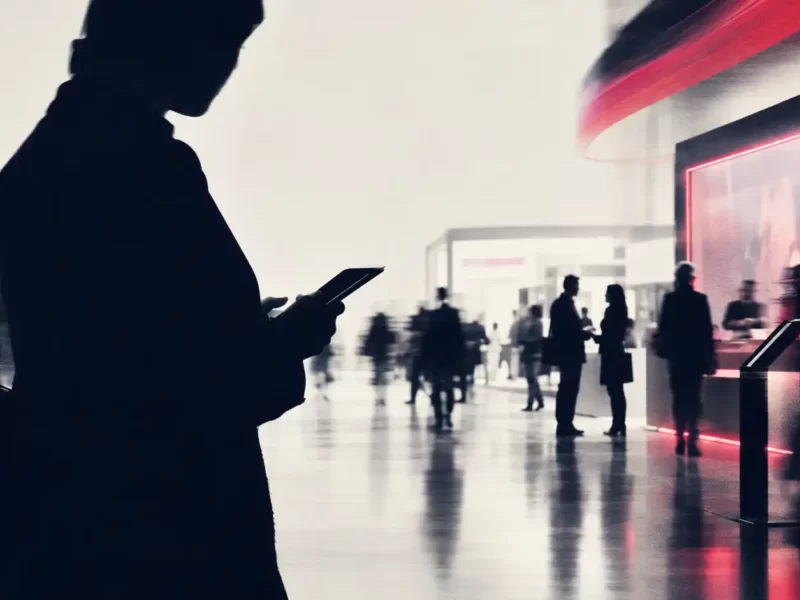 Donna in controluce che guarda lo smartphone in un padiglione fieristico affollato, per rappresentare le landing page dedicate alle fiere