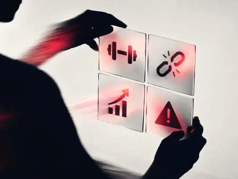 Persona in controluce con quattro riquadri trasparenti con le icone di punti di forza, debolezze, opportunità e minacce dell’analisi SWOT