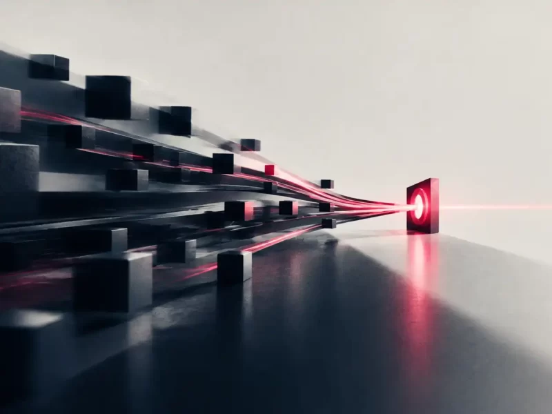 Flussi di elementi geometrici scuri convergono verso un punto luminoso rosso lampone su uno sfondo chiaro, rappresentando la selezione dei contatti qualificati e la lead generation per le PMI