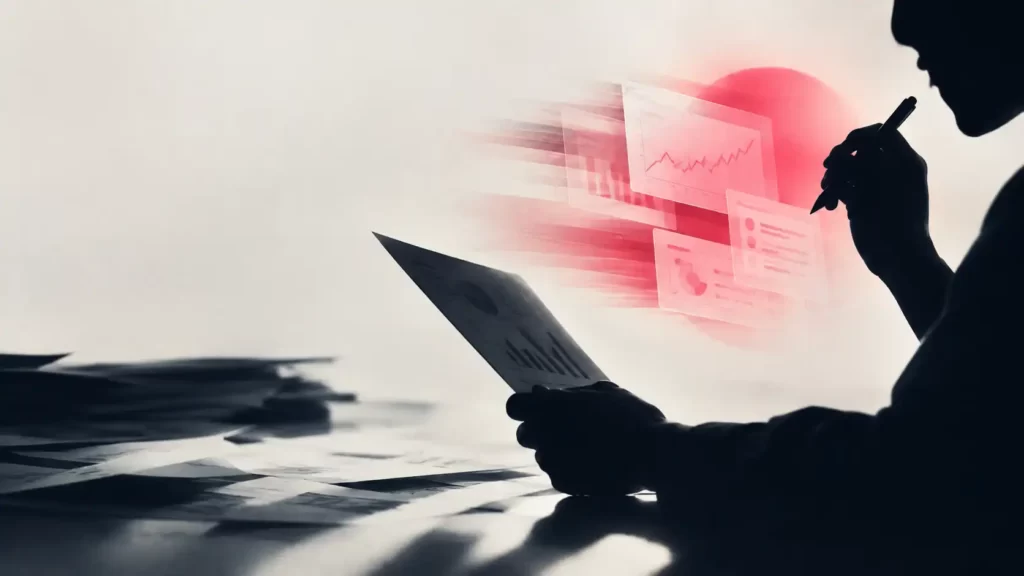 Uomo in controluce che analizza un report con grafici e dati che fluttuano intorno, per rappresentare l’uso dell’AI per far crescere le campagne pubblicitarie