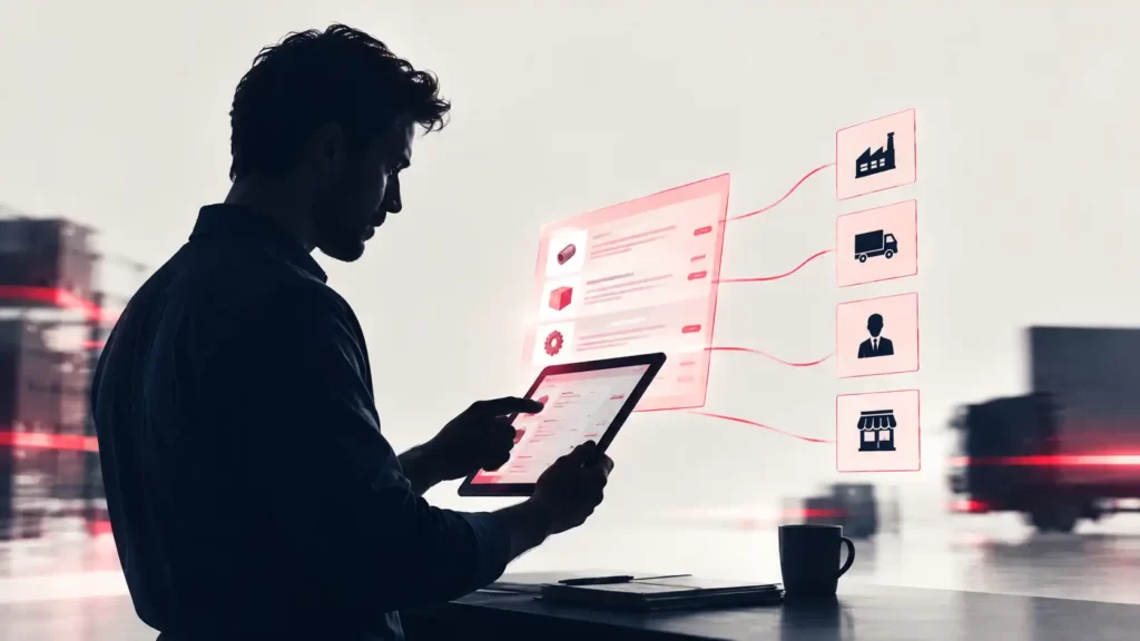 Professionista che gestisce ordini digitali su un tablet, con connessioni visive tra produttori, distributori e rivenditori, a rappresentare un portale eCommerce B2B per le aziende.