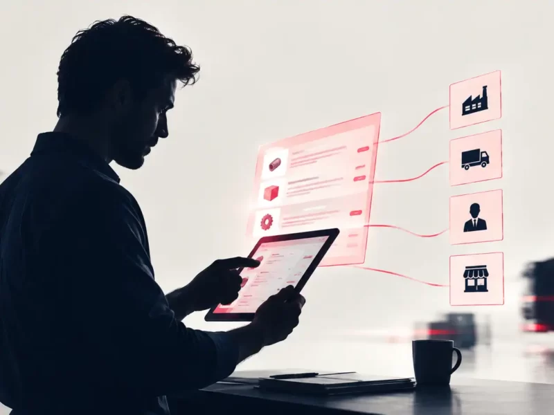 Professionista che gestisce ordini digitali su un tablet, con connessioni visive tra produttori, distributori e rivenditori, a rappresentare un portale eCommerce B2B per le aziende.