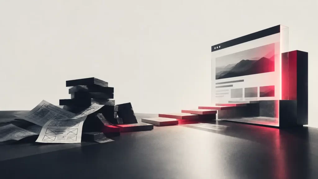 Composizione astratta che rappresenta la realizzazione di un sito web professionale: da bozze e blocchi disordinati si sviluppa un percorso di gradini verso una struttura digitale definita, illuminata da riflessi rosso lampone, simbolo del passaggio da un progetto improvvisato a una soluzione strategica.