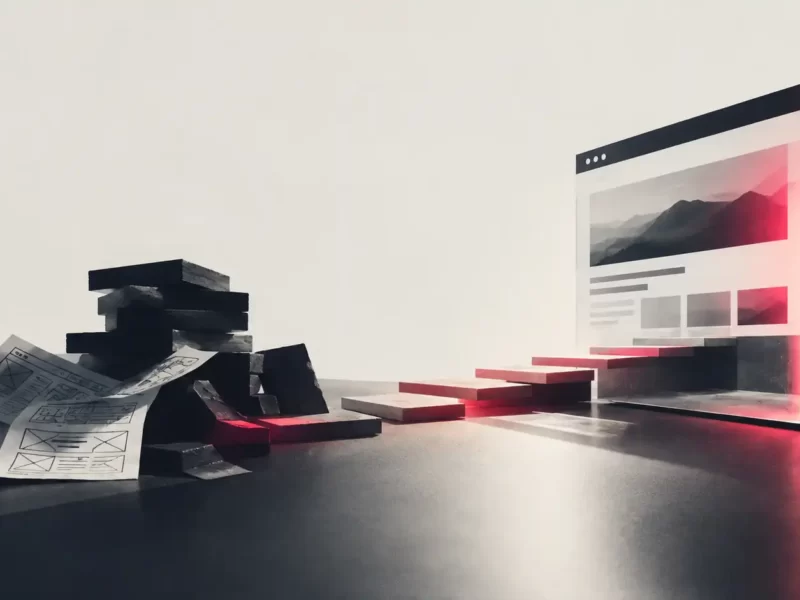 Composizione astratta che rappresenta la realizzazione di un sito web professionale: da bozze e blocchi disordinati si sviluppa un percorso di gradini verso una struttura digitale definita, illuminata da riflessi rosso lampone, simbolo del passaggio da un progetto improvvisato a una soluzione strategica.