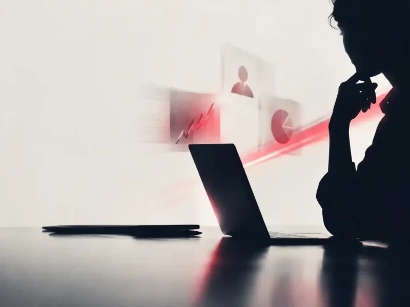 Donna in controluce pensierosa davanti a un laptop, con schede di profili e grafici sullo sfondo, per rappresentare la valutazione di un’agenzia Google Ads prima di firmare